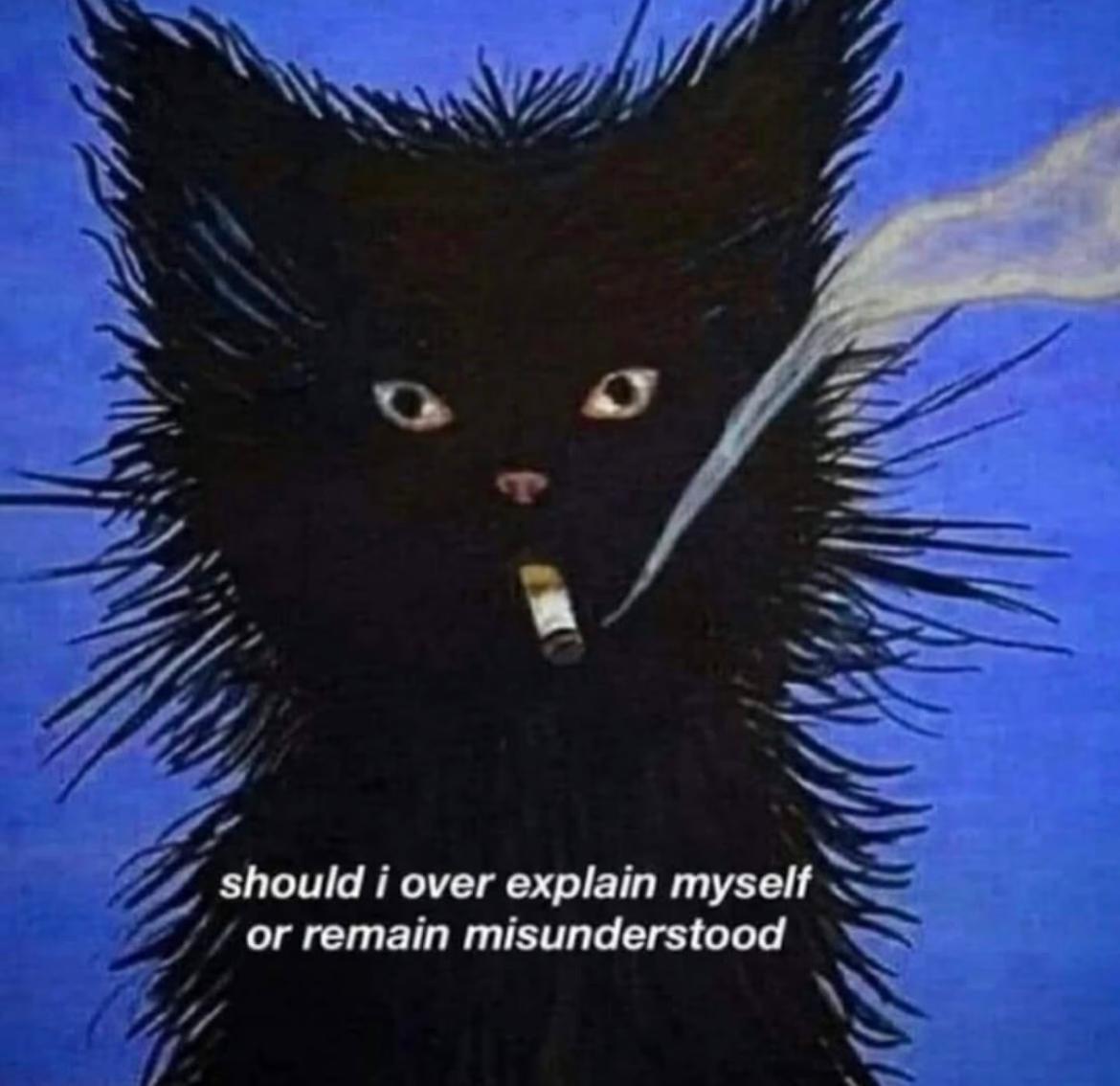 A black cat with text: should I over explain myself or remain misunderstood