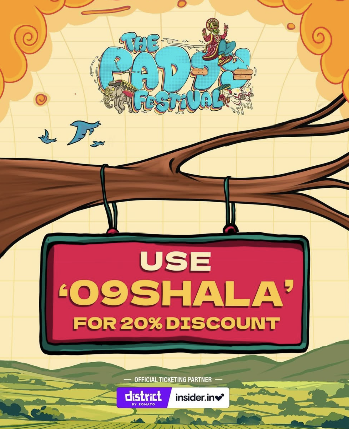 Coupon-code poster — 'Use O9SHALA for 20% discount', hanging from an illustrated tree branch