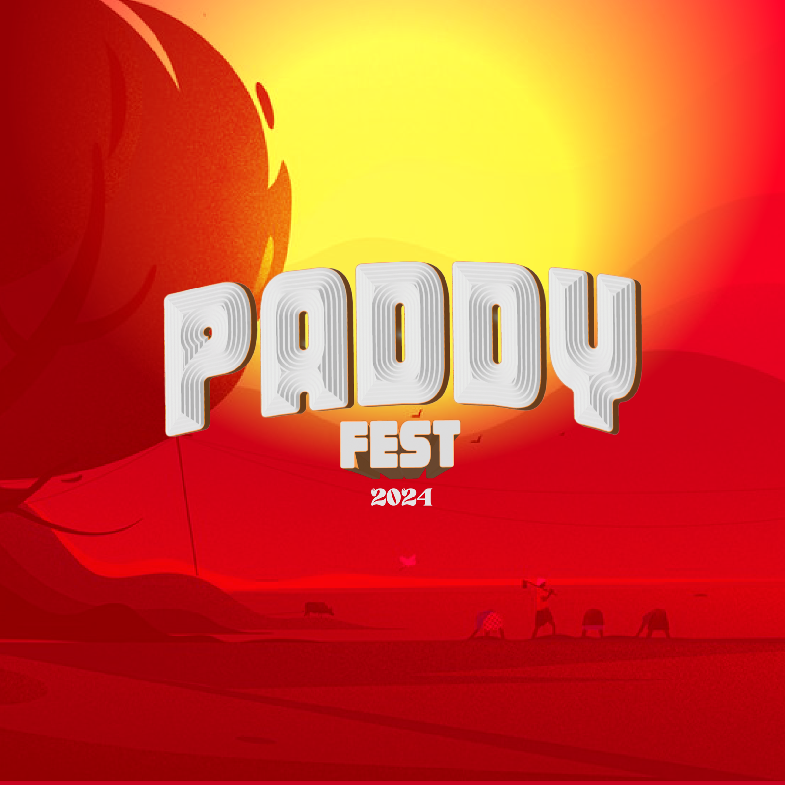 First digital rough of the Paddy Fest title — chunky white lockup over a red sunset with a bare landscape