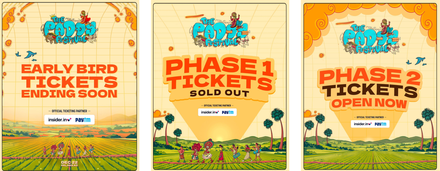 Three phase-wise ticketing posters — 'Early bird tickets ending soon', 'Phase 1 tickets sold out', and 'Phase 2 tickets open now'