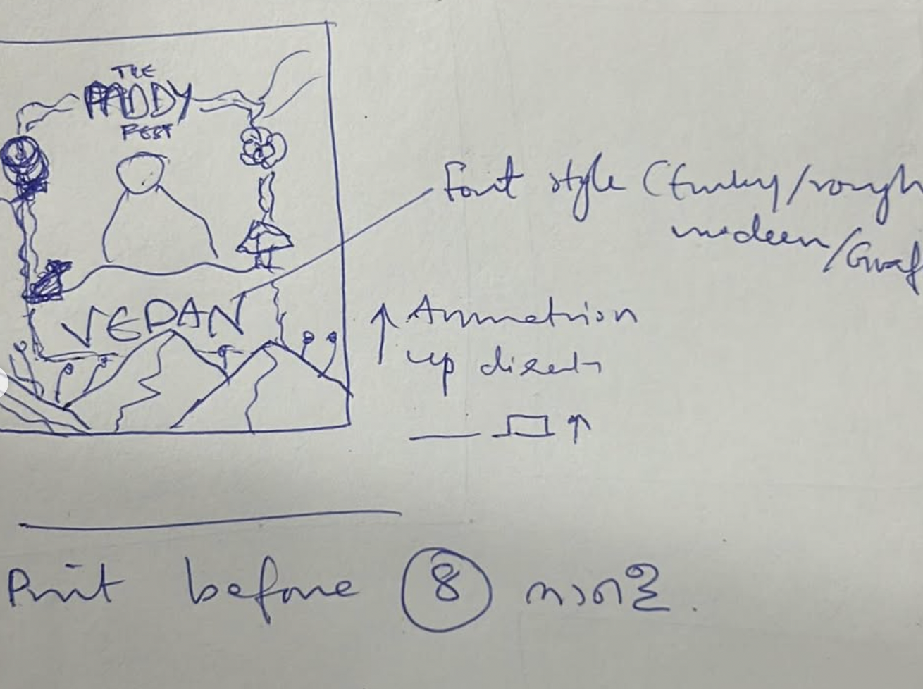 Pen sketch of the artist poster layout with handwritten notes on font style and animation direction