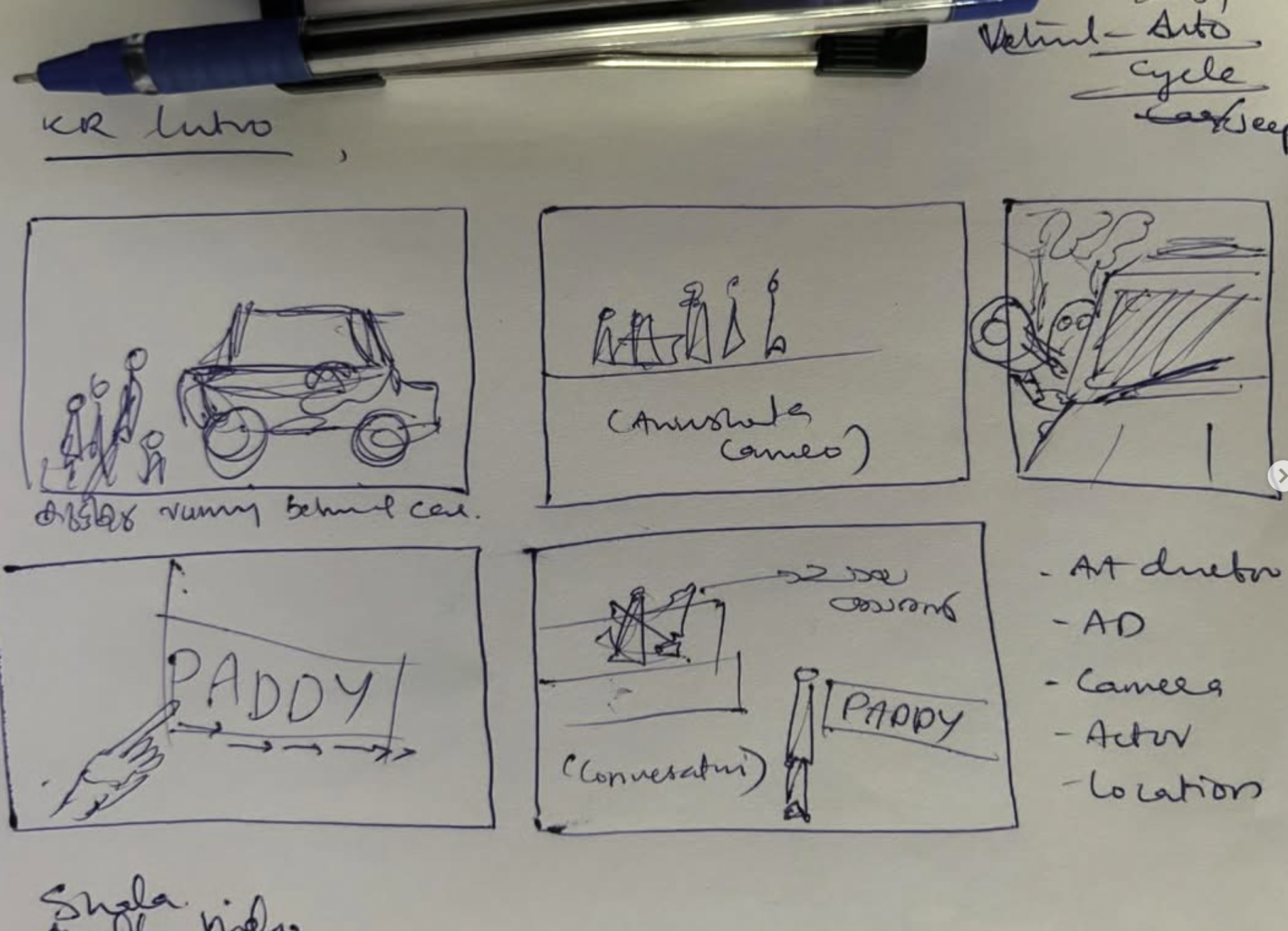 Ballpoint pen storyboard of the launch film — frames for the intro, vehicle shots, an Arivushala cameo, and the Paddy title reveal, with a checklist for art direction, camera, actor, and location