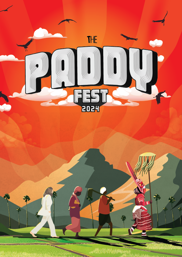 Version 1 of The Paddy Fest poster — early title lockup over a sunset illustration