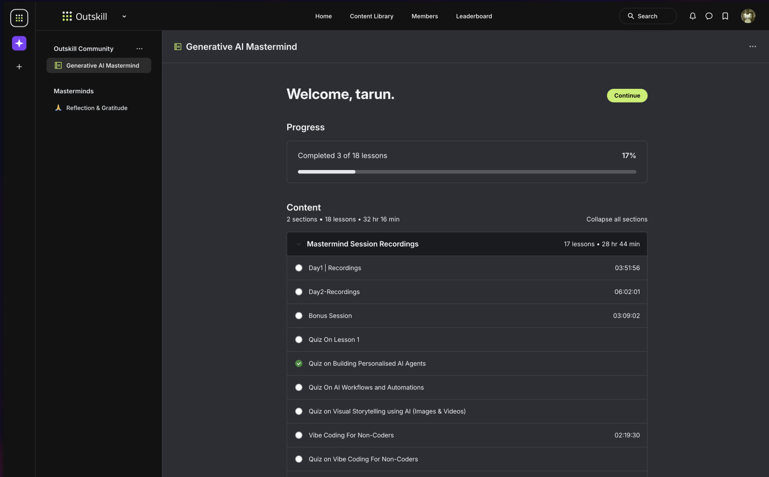 Outskill course home — community sidebar, progress bar, and a chaptered content list with lesson recordings and quizzes