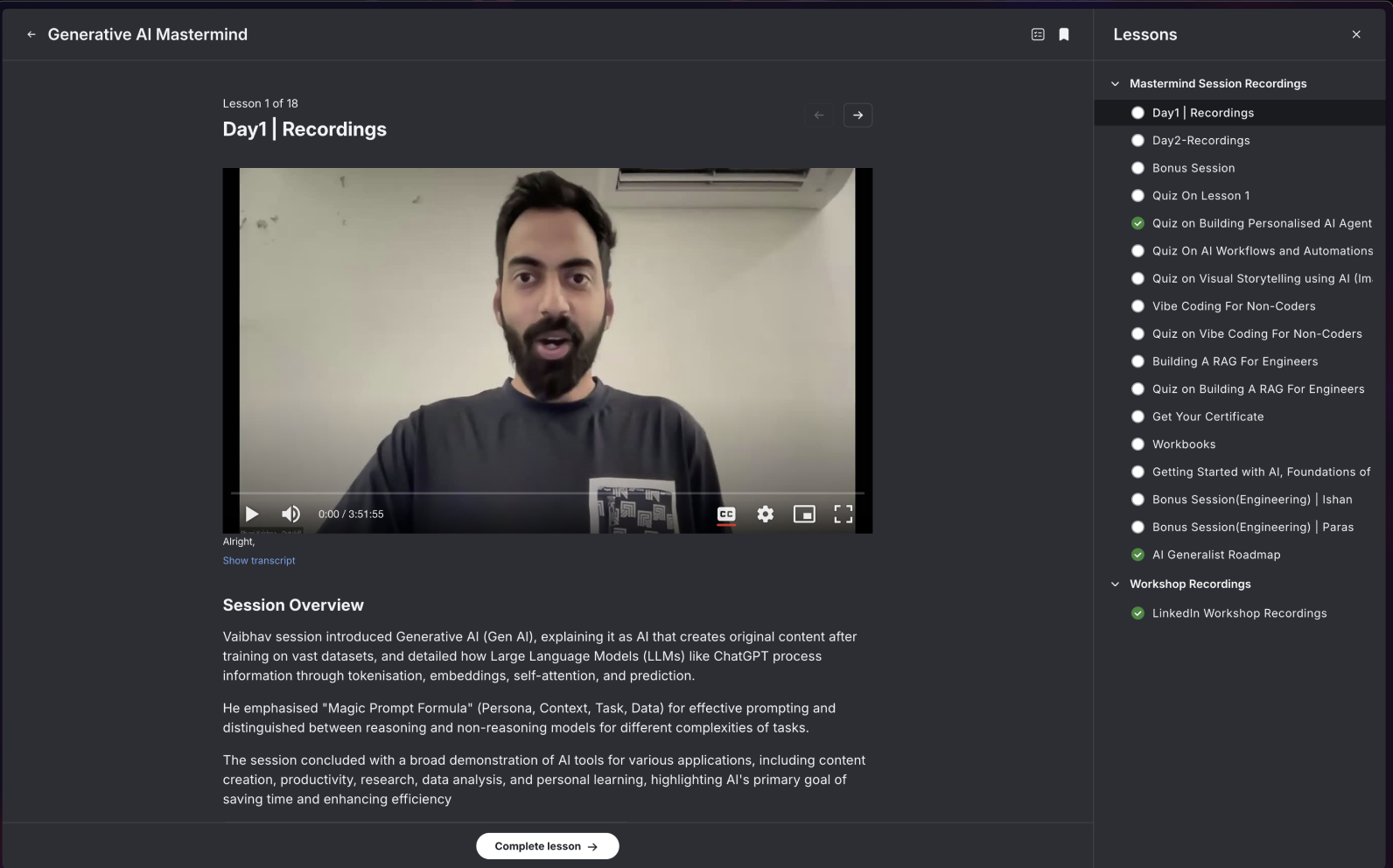 Outskill lesson player — video with session overview text and a lesson list sidebar