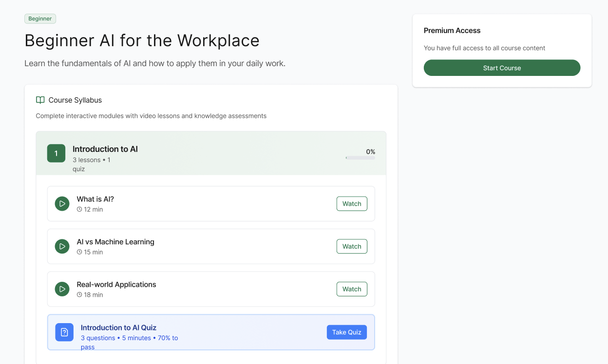 Course detail wireframe — syllabus with lessons, durations, and a quiz row, plus a premium-access panel