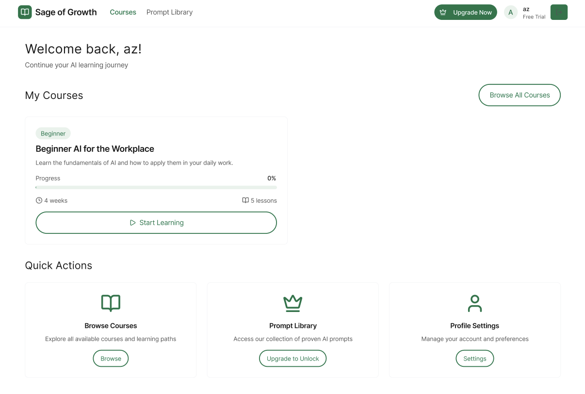 Learner dashboard wireframe with a 'Sage of Growth' header — course card, progress, and quick actions