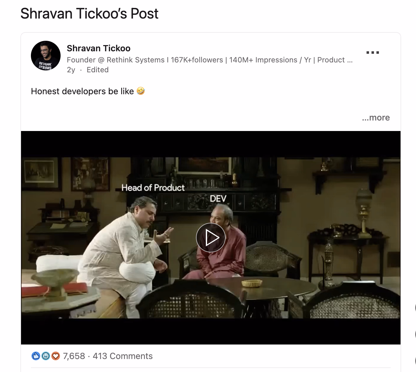 Workduck LinkedIn viral video post — 7,658 reactions, 413 comments